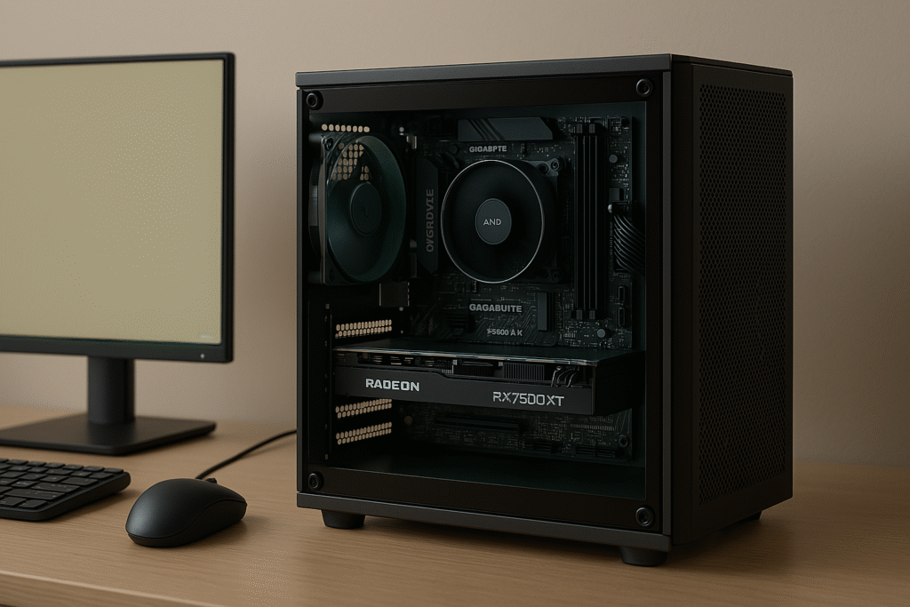 Budget gaming PC build for 2025 with RX 7600 XT and Ryzen 5 7600X.