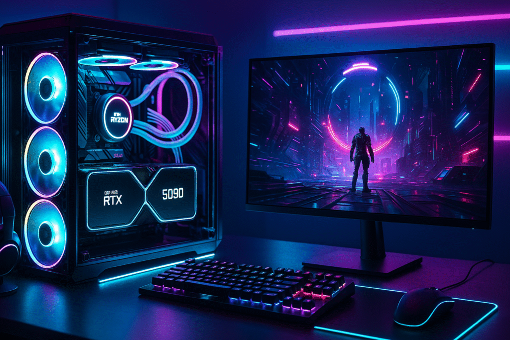 build a gaming PC in 2025 with RTX 5090 and Ryzen 7 9800X3D in a neon-lit setup
