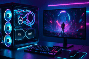 build a gaming PC in 2025 with RTX 5090 and Ryzen 7 9800X3D in a neon-lit setup